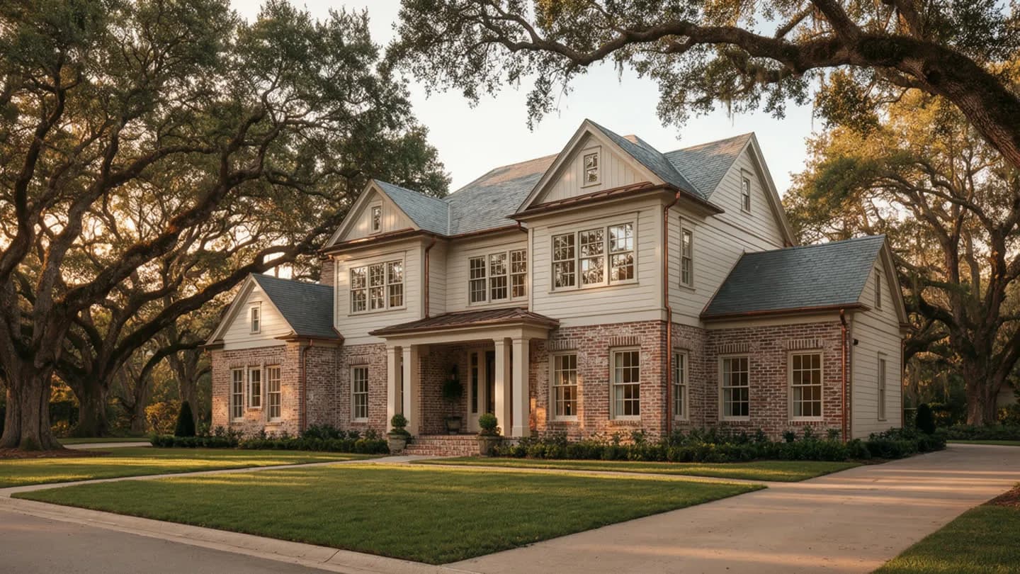 A custom home on a mature, tree-lined Houston lot at dusk